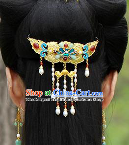 China Ancient Empress Pearls Tassel Hairpin Traditional Qing Dynasty Court Blueing Peony Hair Crown