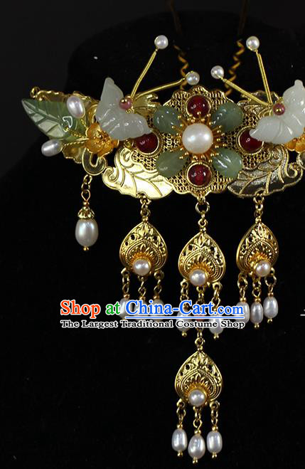 China Traditional Qing Dynasty Court Jade Butterfly Hair Crown Ancient Empress Pearls Tassel Golden Hairpin
