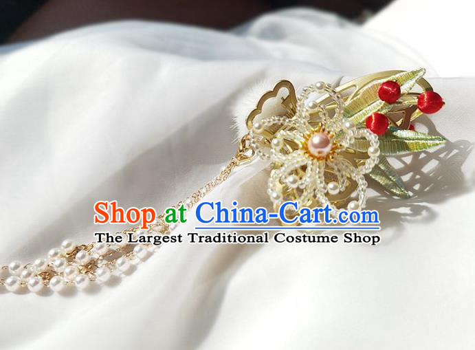 China Ming Dynasty Silk Bamboo Leaf Hairpin Traditional Hanfu Hair Accessories Ancient Princess Beads Plum Hair Stick