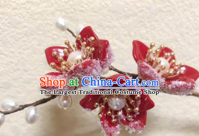 China Ancient Princess Red Plum Blossom Hairpin Traditional Ming Dynasty Pearls Hair Stick