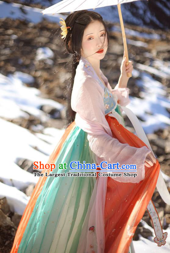 China Ancient Young Beauty Embroidered Hanfu Dress Traditional Tang Dynasty Palace Lady Historical Clothing