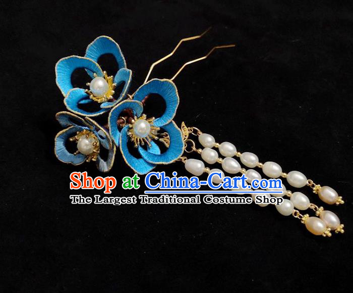 China Ming Dynasty Pearls Tassel Hairpin Traditional Hanfu Hair Accessories Ancient Princess Blue Silk Flower Hair Stick
