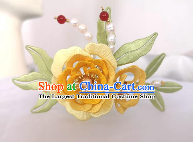 China Traditional Hanfu Hair Accessories Ming Dynasty Pearls Hair Stick Ancient Princess Yellow Silk Peony Hairpin