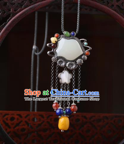 China Classical White Jade Silver Necklace Pendant Traditional Cheongsam Beeswax Tassel Accessories
