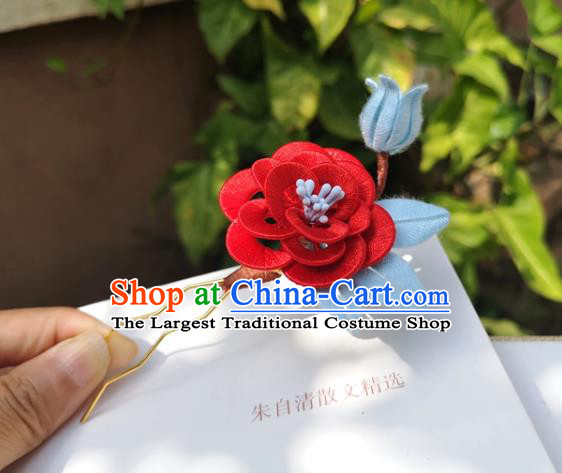 China Ming Dynasty Red Silk Rose Hair Stick Traditional Ancient Palace Lady Hairpin