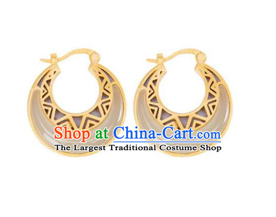 Handmade Chinese Cheongsam Golden Ear Accessories Traditional Jade Moon Earrings