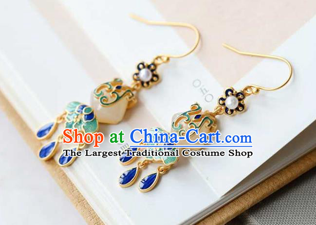 Handmade Chinese Cheongsam Jade Fan Ear Accessories Traditional Qing Dynasty Cloisonne Earrings