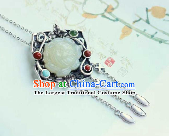 China Classical Cheongsam Silver Tassel Pendant Accessories Traditional Jade Lotus Necklace