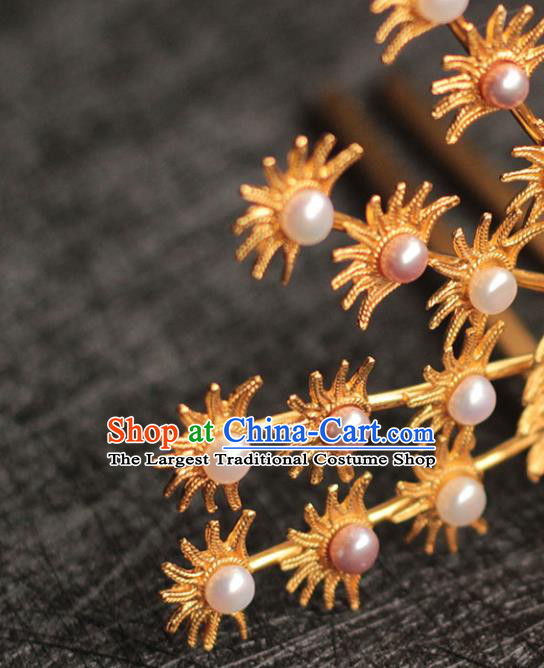 China Ancient Empress Pearls Hair Crown Traditional Hair Accessories Ming Dynasty Golden Phoenix Hairpin