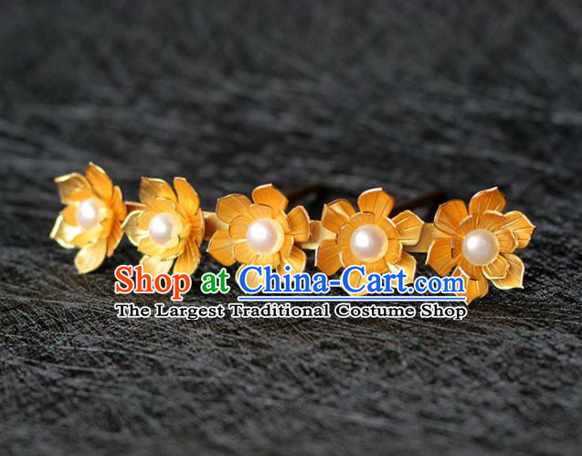 China Ancient Empress Pearls Hair Stick Traditional Hair Accessories Ming Dynasty Golden Lotus Hairpin