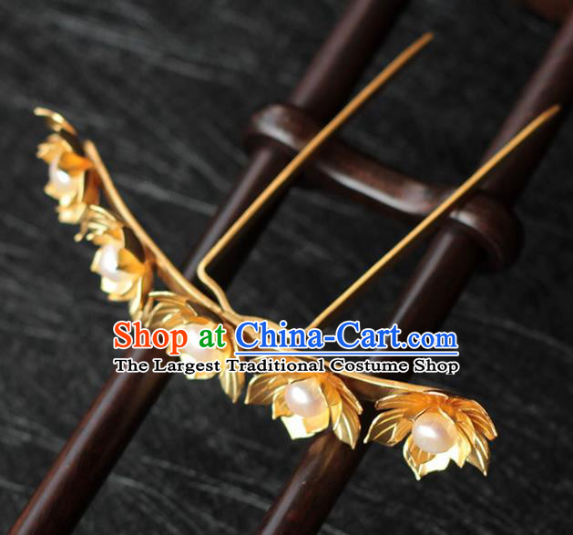 China Ancient Empress Pearls Hair Stick Traditional Hair Accessories Ming Dynasty Golden Lotus Hairpin
