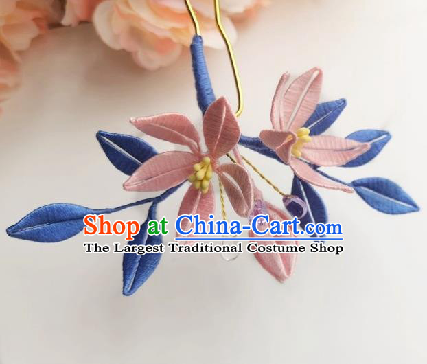 China Ancient Ming Dynasty Pink Silk Flowers Hairpin Traditional Hanfu Hair Stick Hair Accessories
