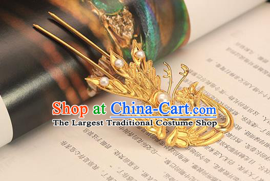 China Traditional Ming Dynasty Golden Phoenix Hairpin Hair Accessories Ancient Empress Pearls Hair Stick