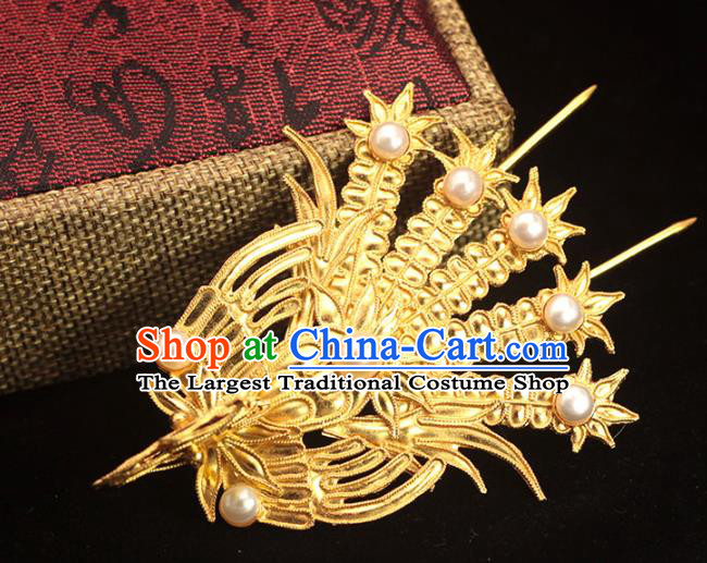 China Traditional Ming Dynasty Queen Hairpin Ancient Empress Golden Phoenix Hair Stick Hair Accessories