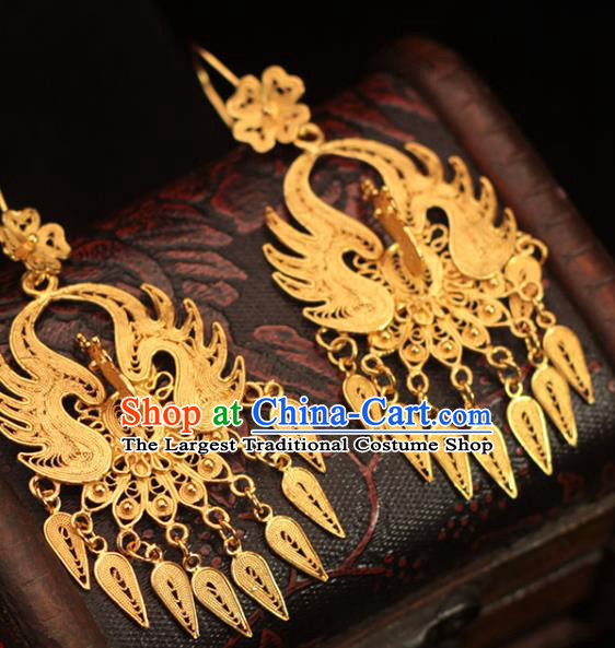 Chinese Traditional Ming Dynasty Golden Phoenix Earrings Ancient Empress Filigree Ear Accessories