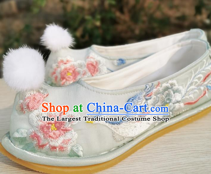 Handmade Chinese Embroidered Phoenix Peony Shoes Ancient Princess Shoes Traditional Hanfu Light Green Satin Bow Shoes
