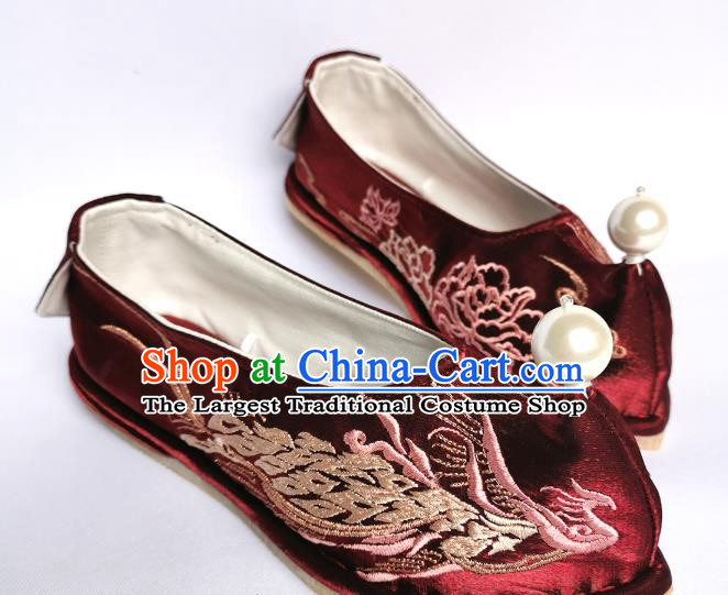 Handmade Chinese Wine Red Satin Bow Shoes Traditional Hanfu Shoes Embroidered Phoenix Shoes
