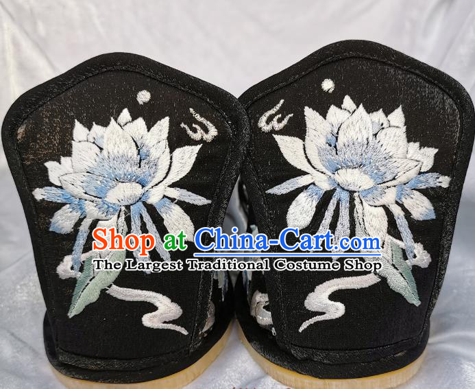 Handmade Chinese Traditional Hanfu Princess Shoes Black Satin Shoes Embroidered Epiphyllum Shoes