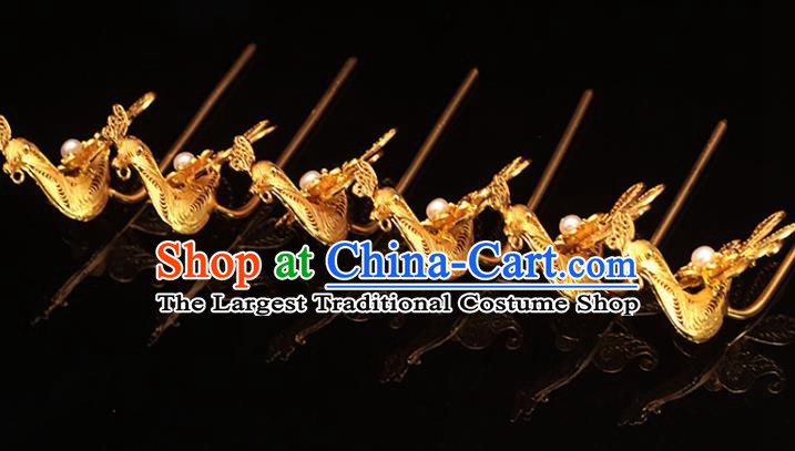 China Ming Dynasty Golden Phoenix Hairpin Traditional Hair Accessories Ancient Empress Pearl Hair Stick