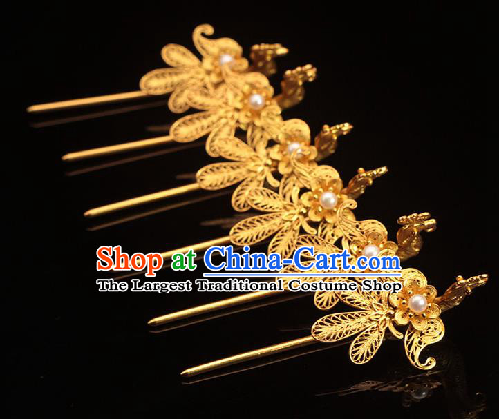 China Ming Dynasty Golden Phoenix Hairpin Traditional Hair Accessories Ancient Empress Pearl Hair Stick