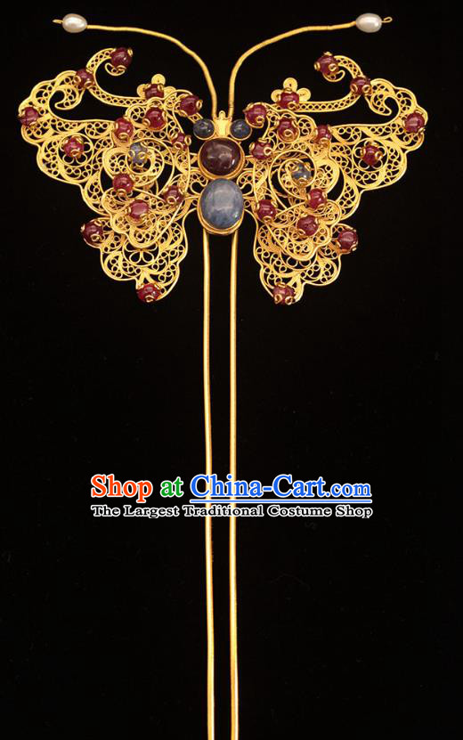 China Ancient Empress Blue Stone Hair Stick Traditional Hair Accessories Ming Dynasty Garnet Beads Butterfly Hairpin