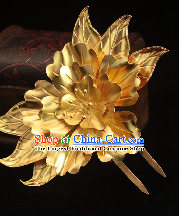 China Tang Dynasty Golden Peony Hairpin Traditional Hair Accessories Ancient Palace Woman Hair Stick