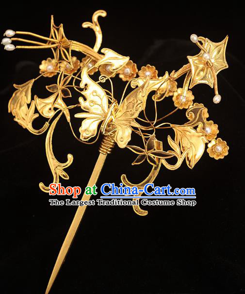 China Qing Dynasty Pearls Hairpin Traditional Hair Accessories Ancient Palace Lady Golden Butterfly Hair Stick