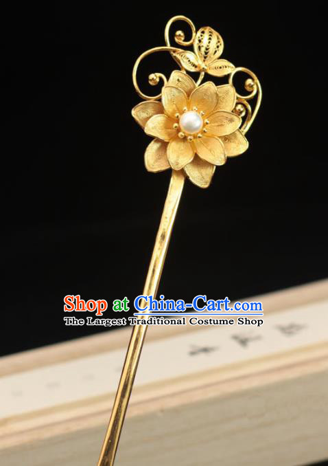 China Traditional Hair Accessories Ancient Princess Hair Stick Ming Dynasty Golden Lotus Hairpin