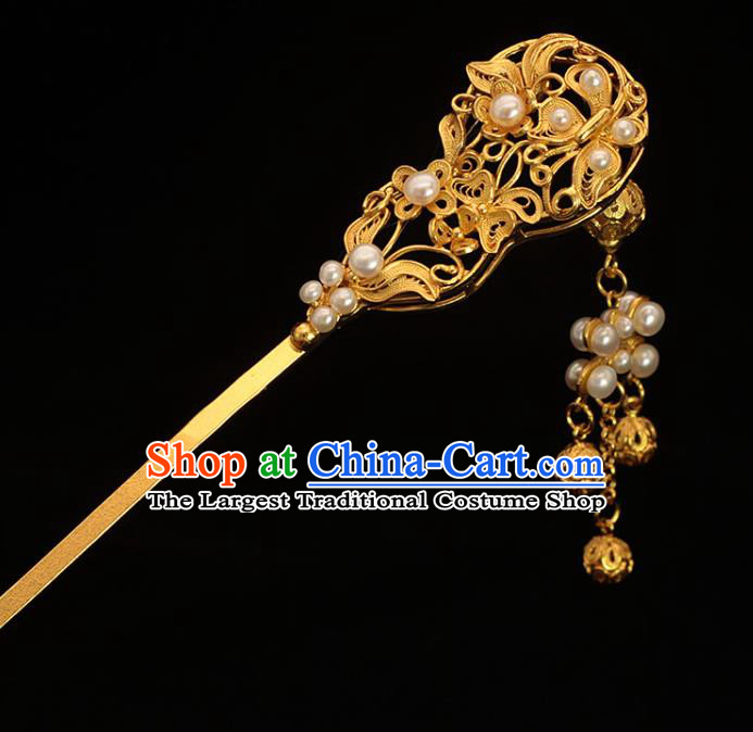 Traditional China Ming Dynasty Empress Golden Hair Stick Ancient Court Woman Pearls Tassel Hairpin