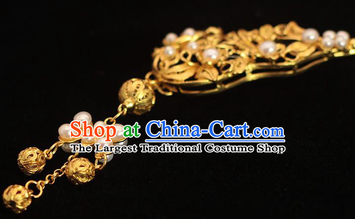 Traditional China Ming Dynasty Empress Golden Hair Stick Ancient Court Woman Pearls Tassel Hairpin
