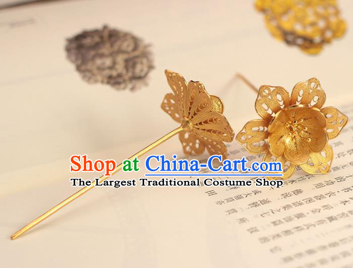 China Ancient Empress Gilding Hair Stick Traditional Filigree Hair Accessories Ming Dynasty Flower Hairpin