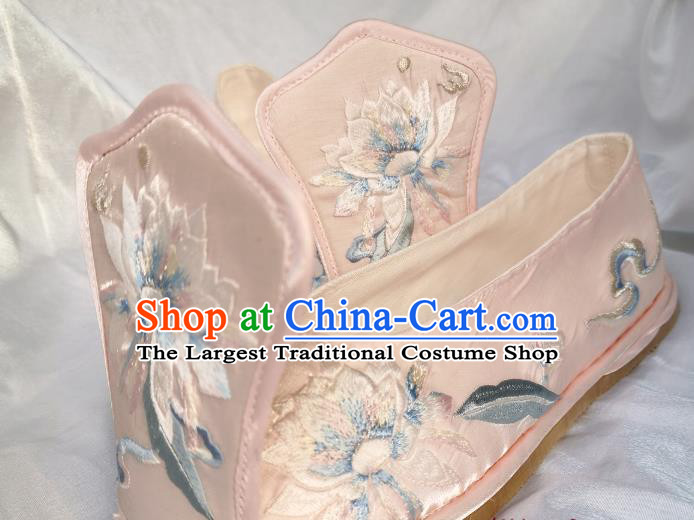 Handmade Chinese Embroidered Epiphyllum Pink Shoes Satin Shoes Traditional Han Dynasty Princess Shoes