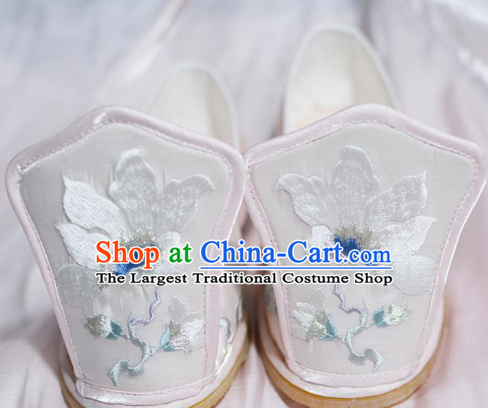 Handmade Chinese Traditional Hanfu Shoes Embroidered Mangnolia Shoes Princess Shoes Light Pink Satin Shoes