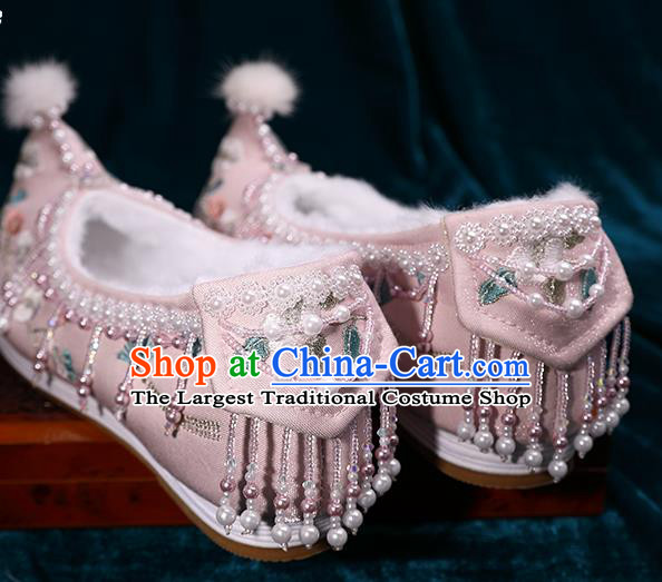 Chinese Handmade Pink Satin Shoes Hanfu Pearls Shoes Traditional Embroidered Plum Blossom Shoes