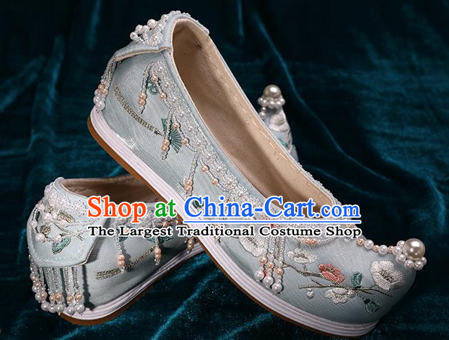 Chinese Traditional Embroidered Plum Blossom Shoes Handmade Light Blue Satin Shoes Hanfu Pearls Shoes