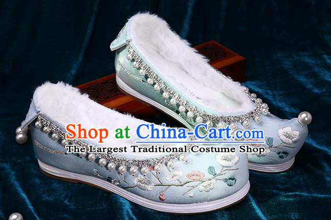 Chinese Ancient Princess Green Satin Shoes Traditional Embroidered Plum Blossom Shoes Handmade Pearls Shoes