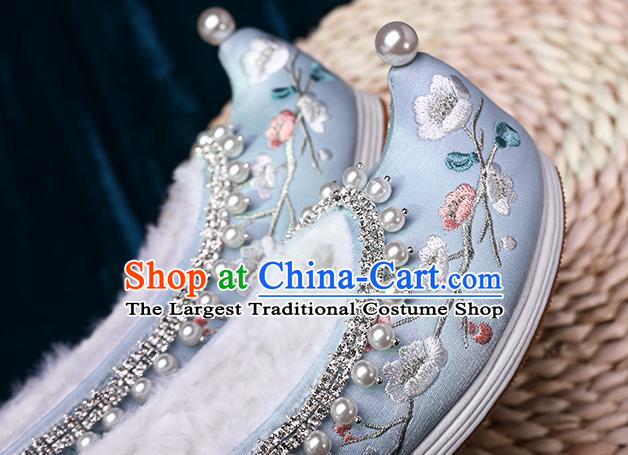 Chinese Ancient Princess Green Satin Shoes Traditional Embroidered Plum Blossom Shoes Handmade Pearls Shoes