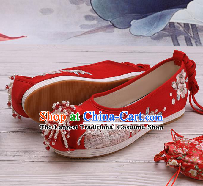 Chinese Traditional Hanfu Beads Tassel Shoes Ancient Princess Shoes Embroidered Red Shoes