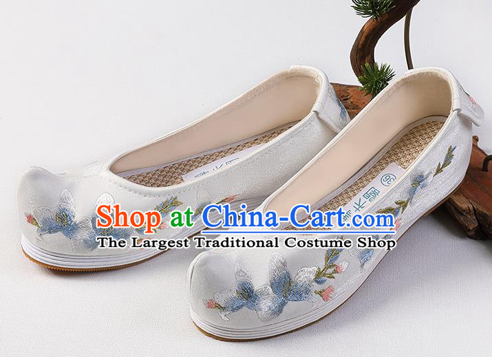 Chinese Traditional Hanfu Bow Shoes Ming Dynasty Princess Shoes Handmade Embroidered Mangnolia White Shoes