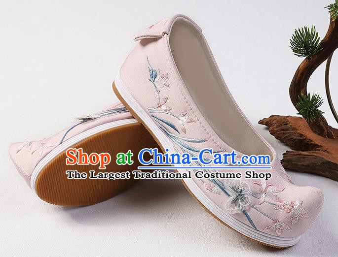 Chinese Handmade Embroidered Orchids Shoes Traditional Hanfu Bow Shoes Ming Dynasty Princess Pink Shoes