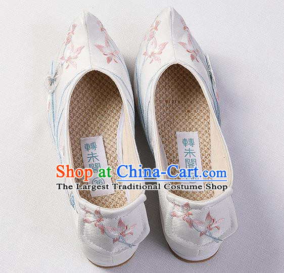 Chinese Traditional Hanfu Bow Shoes Ming Dynasty Princess White Shoes Handmade Embroidered Orchids Shoes