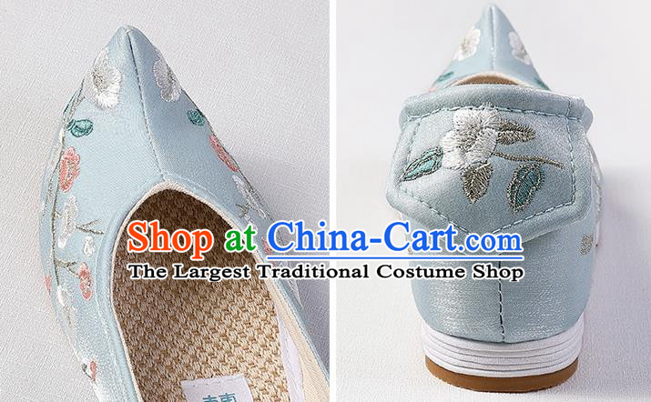 Chinese Traditional Ming Dynasty Blue Satin Shoes Handmade Embroidered Plum Blossom Shoes