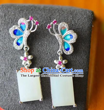 China Traditional Cheongsam White Jade Ear Accessories National Qing Dynasty Court Blueing Butterfly Earrings
