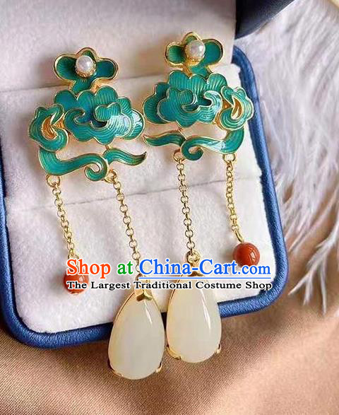 China Traditional Cheongsam Jade Tassel Ear Accessories National Enamel Cloud Earrings