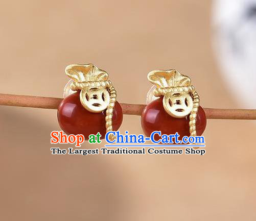China National Agate Lucky Bag Earrings Traditional Cheongsam Golden Copper Ear Jewelry Accessories