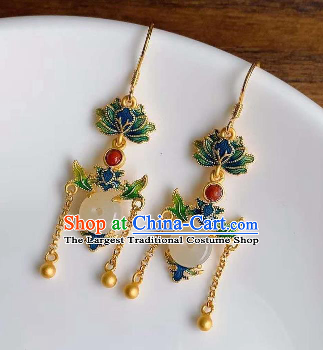 China Traditional Cloisonne Lotus Ear Jewelry Accessories National Cheongsam Jade Peace Buckle Earrings