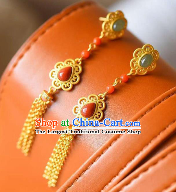 China Traditional Court Golden Tassel Ear Jewelry Accessories National Cheongsam Agate Earrings