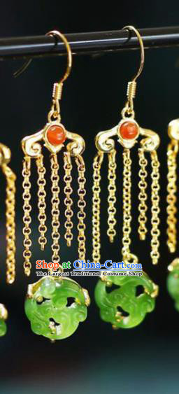 China Traditional Green Jade Ear Jewelry Accessories National Cheongsam Golden Tassel Earrings