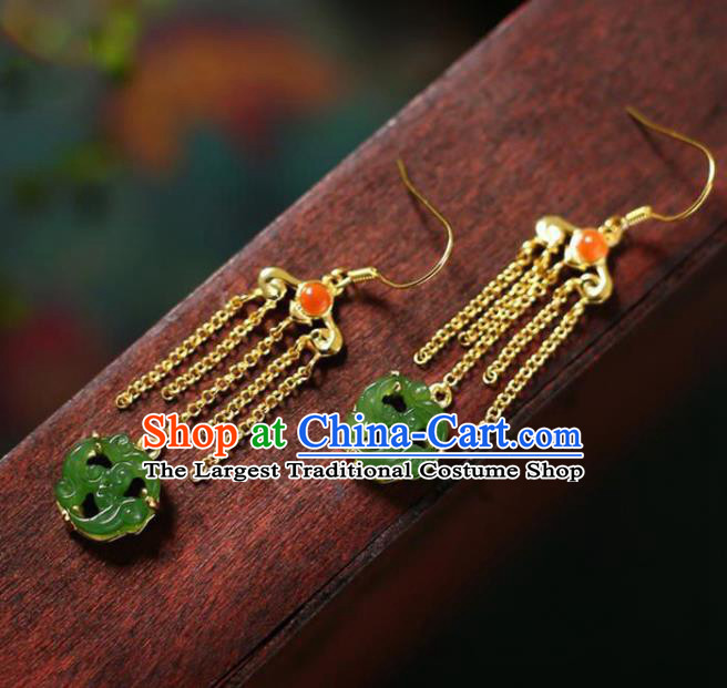 China Traditional Green Jade Ear Jewelry Accessories National Cheongsam Golden Tassel Earrings