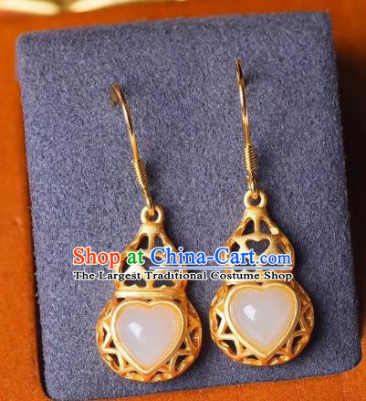 China Traditional Jade Heart Ear Jewelry Accessories National Cheongsam Golden Gourd Earrings